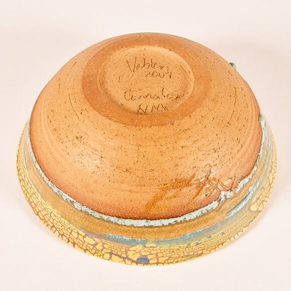 Cathy Veblen Anthro Pottery Bowl Yellow Turquoise Blue Corrales New Mexico 2007 - Picture 5 of 9